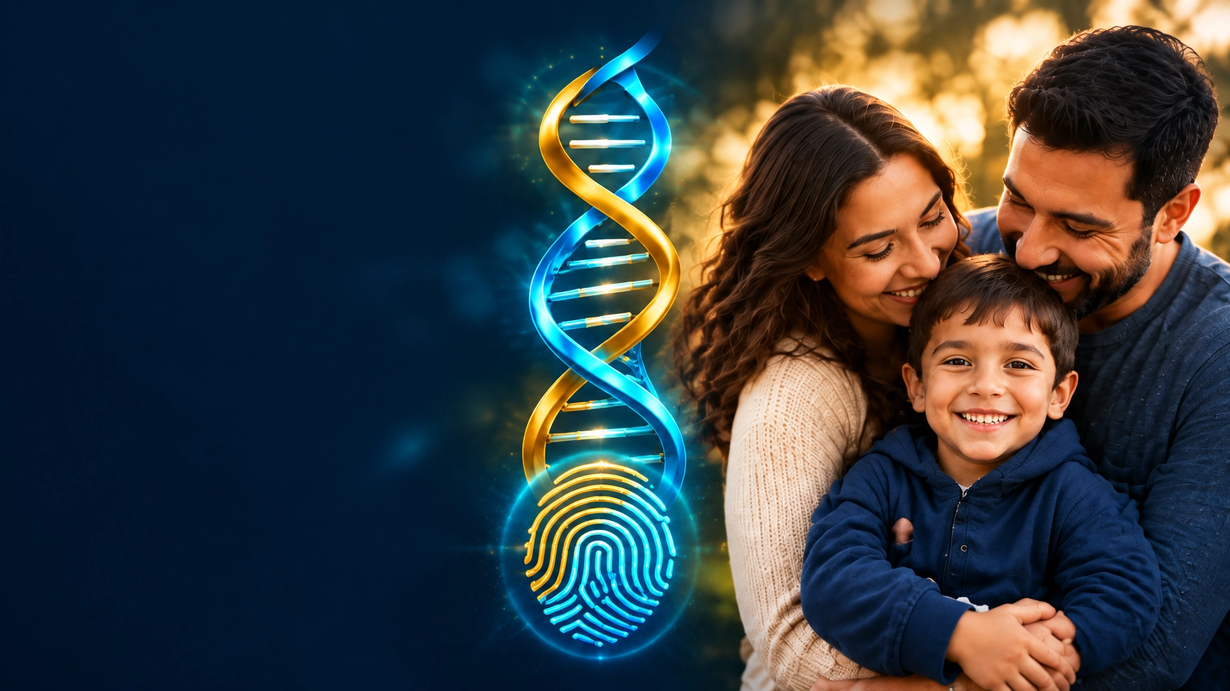 A family beside a glowing cyan-and-gold DNA helix and fingerprint